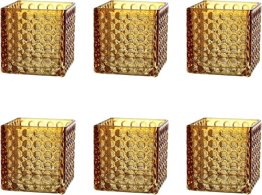 Square Vases Set of 6, 4" x 4" x 4" Square Glass Vases for Flowers, Amber Flower Vase for Centerpieces, Small Bubble Vase for Wedding, Party, Home, Office, Parties, Events