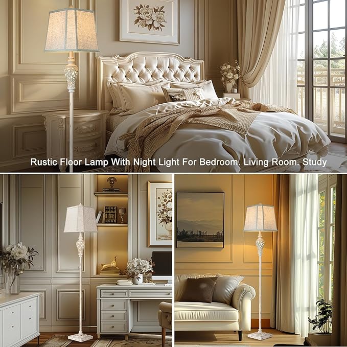 LuxSight Collection Rustic Floor Lamp 65'' Tall with Nightlight Cut Corner Linen Fabric Shade Vintage Standing Lamp for Living Room, Bedroom, Office, House (Bulb Included)