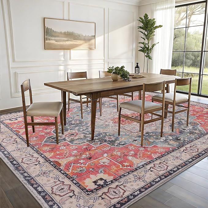 Vanmoos 5x7 Area Rugs for Living Room, Bedroom - Machine Washable, Non-Slip Bedside Rug, Large Soft Floor Carpet for Office, Dining Room, Farmhouse and Home Decor, Artistic Flair/Brick Red