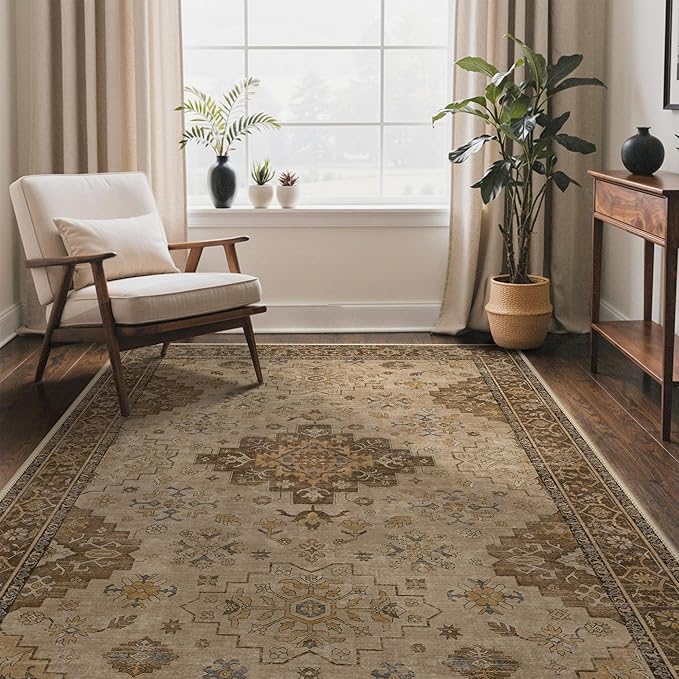 GENIMO 5x7 Area Rugs for Living Room,Machine Washable Non-Slip Vintage Rug, Low Pile Lightweight Carpet for Bedroom, Dining Room, Home Office, Stain & Fade Resistant,Brown