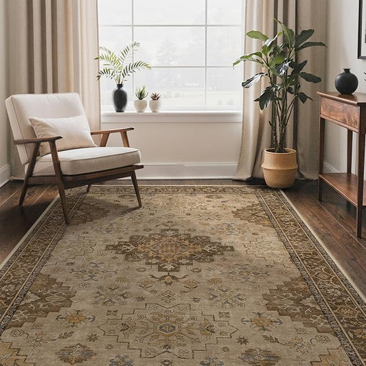 GENIMO 5x7 Area Rugs for Living Room,Machine Washable Non-Slip Vintage Rug, Low Pile Lightweight Carpet for Bedroom, Dining Room, Home Office, Stain & Fade Resistant,Brown