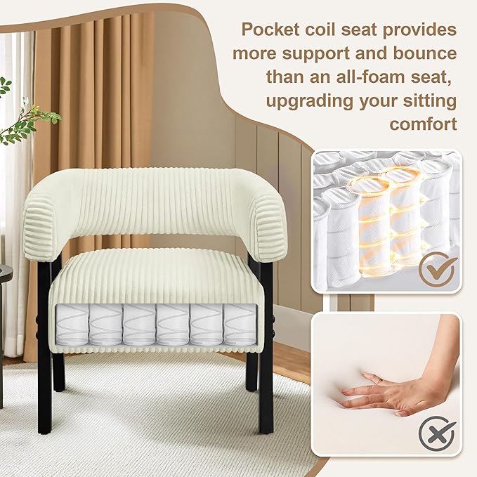 Yaheetech Corduroy Barrel Accent Chair, Modern Upholstered Armchair with Solid Wood Legs, Cozy Leisure Chair with Pocket Coiled Seat for Living Room, Bedroom, Reading Nook Beige