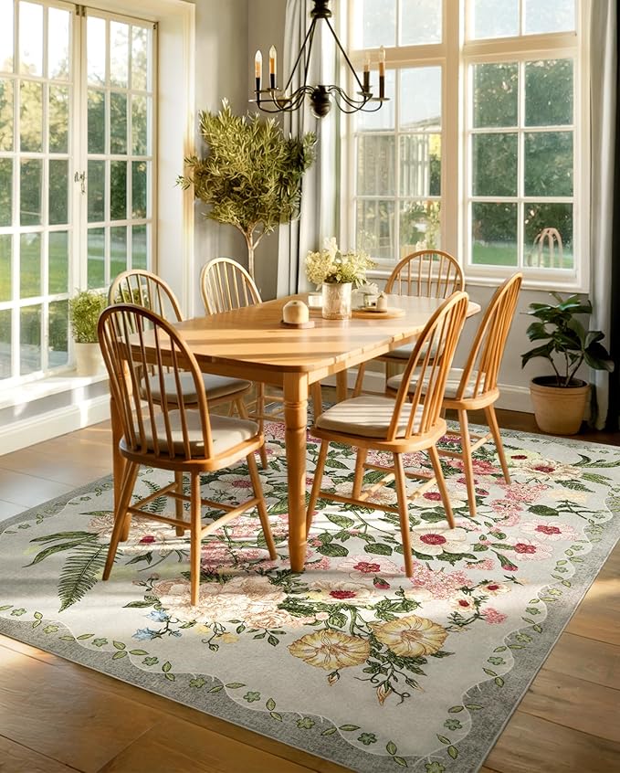AREAMAY Floral Bedroom Rug - 4x6 Washable Area Rugs Non-Slip Soft Low-Pile Stain Resistant Carpet Flower Print Vintage Indoor Rug forLiving Room Dining Room Office Nursery Room, Grey