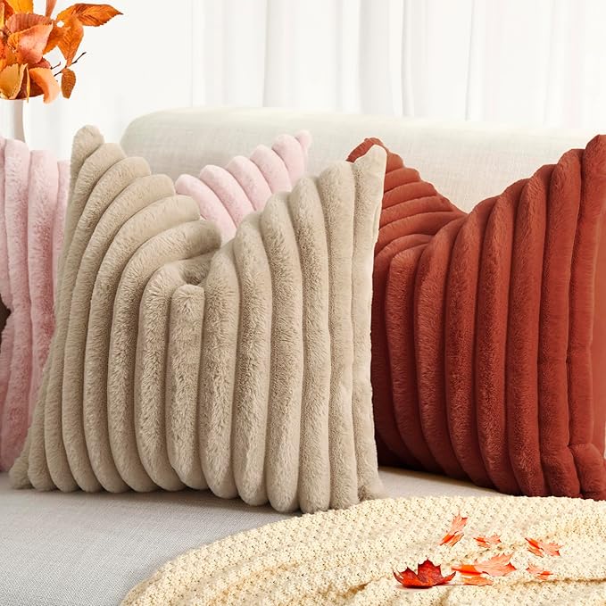 decorUhome Faux Fur Spring Throw Pillow Covers 26x26 Set of 2, Decorative Soft Plush Striped Neutral Couch Euro Sham Pillow Covers with Velvet Back for Sofa, Bed, Living Room Home, Rust