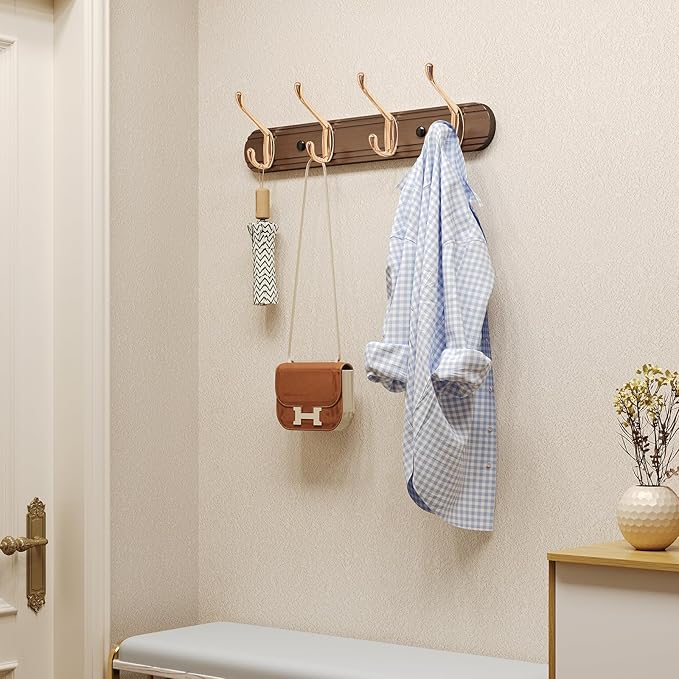Coat Rack Wall Mount, Bamboo Coat Hanger with 4 Metal Pink Gold Hooks for Hanging Clothes, Towels, Keys, Hats, Bags(Brown)