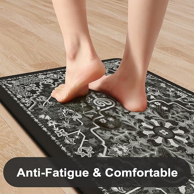 KIMODE Anti Fatigue Kitchen Mat Cushioned, Boho Distressed Kitchen Rugs Sets of 2, Non Slip Memory Foam Kitchen Mat for Floor, Standing Desk Mat for Laundry Office Sink 17.3"x29"+17.3"x59" Black