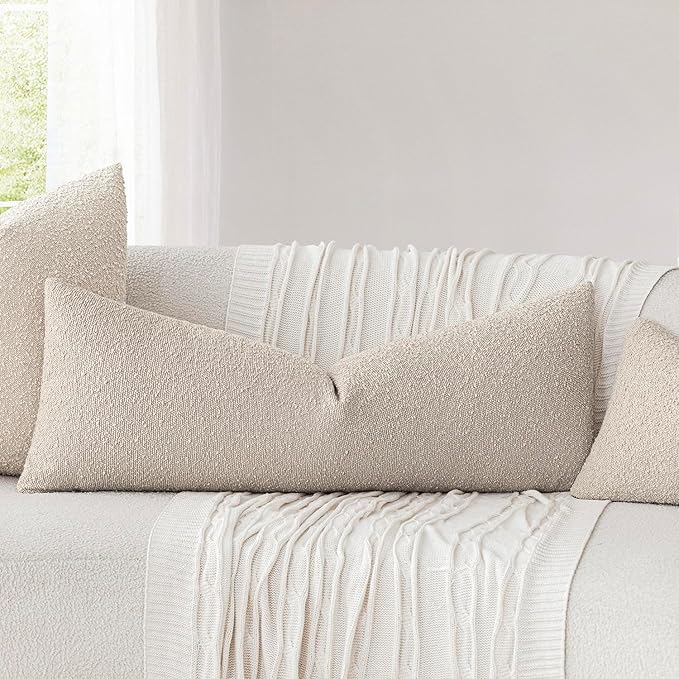 Foindtower Decorative Textured Boucle Throw Pillow Covers Accent Solid Pillow Cases Neutral Long Body Lumbar Couch Cushion Case for Chair Sofa Bedroom Living Room Home Decor 14x36 Inch,1PC,Oatmeal