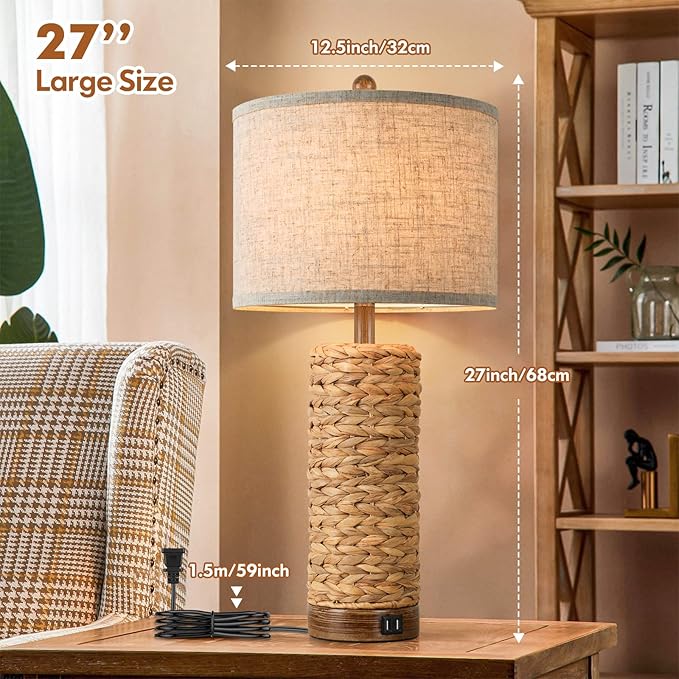 Set of 2 Rattan Table Lamps for Living Room with 2 USB Ports, 27In Tall Bedroom Lamp Costal Farmhouse, Rustic Woven Seagrass Bedside Nightstand Lamps for End Table, E26 Socket&Rotary Switch, No Bulb