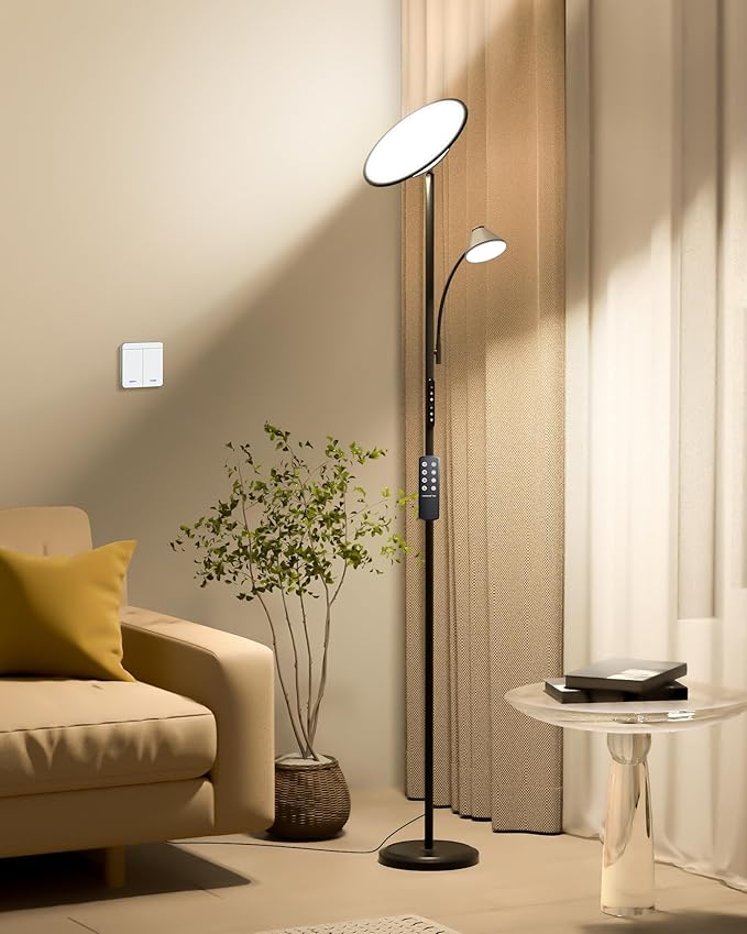 LEPOWER-TEC Bright Floor Lamp, Standing Lamp with Remote & Wall Switch, 60 Lighting Effects, Adjustable Torchiere Corner Light for Living Room, Bedroom, Office. Perfect for Reading & Ambiance