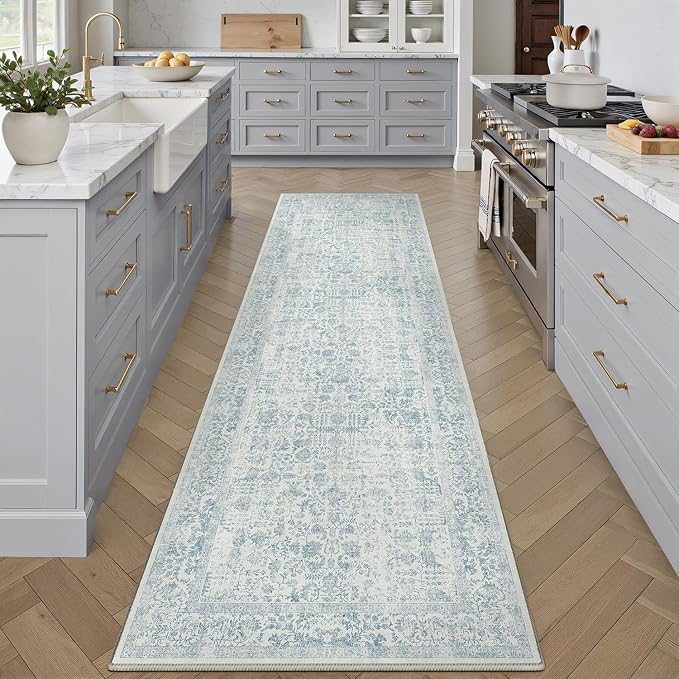 PureCozy Blue Runner Rug 3x8 Hallway Machine Washable Kitchen Vintage Distressed Non Slip Long Carpet Indoor Retro Floral Bedroom Accent Throw Rug for Bathroom Office Laundry Dining Room