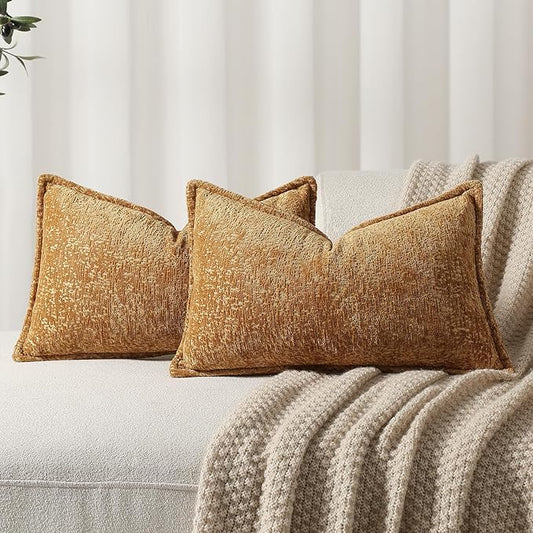 DEZENE Pack of 2 Golden Brown Decorative Throw Pillow Covers 12x20 Cozy Soft Chenille Accent Vintage Rectangular Lumbar Couch Pillow Covers for Home Decor Bed Sofa Living Room