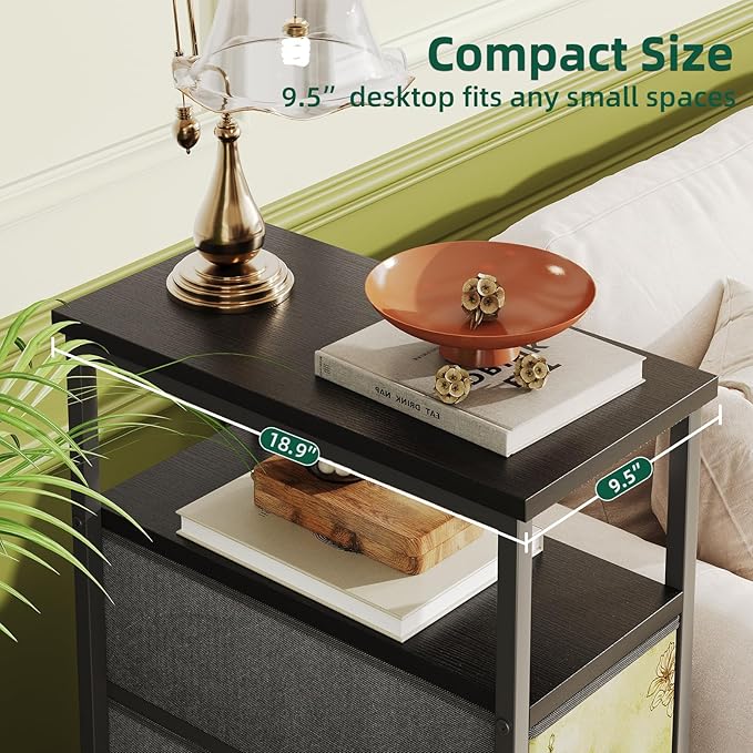 Narrow Dresser, Narrow Nightstand Dresser Storage Tower with 4 Drawers, Slim Fabric Dressers Chest of Drawers for Small Spaces, Retro Flower Dressers, for Bedroom Bathroom Laundry Closet (Black)