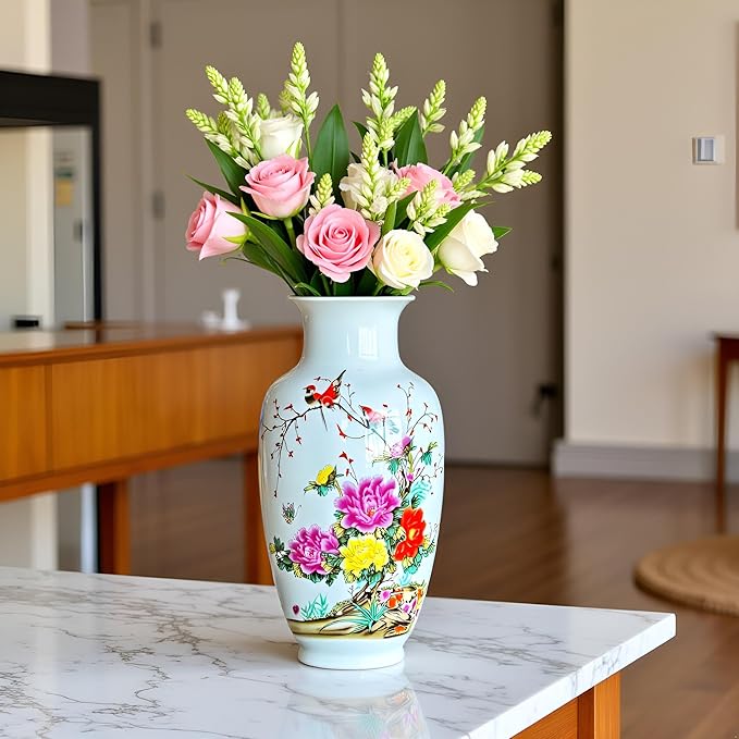 MTME Porcelain Figurines, Jingdezhen Decorative Flower vase, Blessings Sr. Home Decor, Wedding Gifts, Aesthetic Sculpture Home décor (Multicolor Peonies)