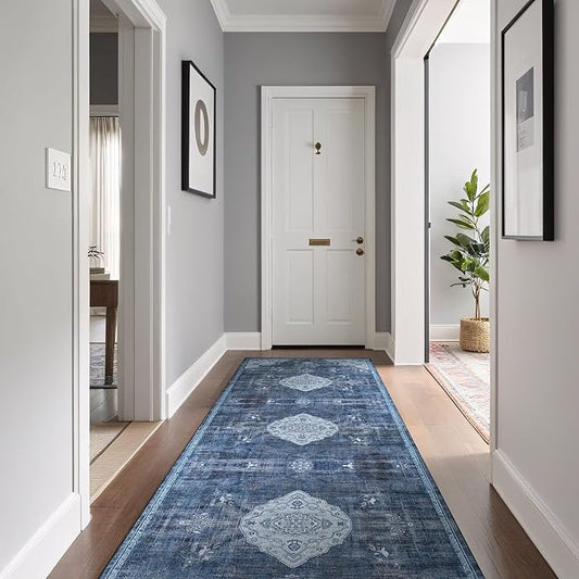 Beverly Rug Non Slip Rugs 2x7 Boho Medallion Floral Non Skid Rubber Backing Easy Silk Soft Runner Rug for Living Room Easy to Clean Non Shedding Kitchen Bedroom Indoor Carpet (2 x 7 Blue - Gray)