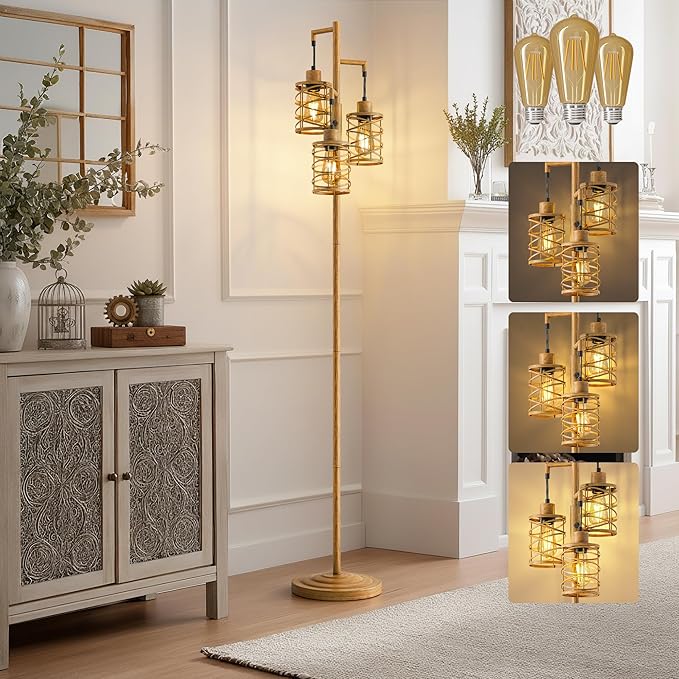 BOBOMOMO 70" Farmhouse Dimmable Floor Lamp, Light Wood Grain Industrial Metal Cage Standing Lamp with 3 LED Bulbs, Stepless Dimming Tall Tree Lamp for Living Room, Bedroom, Studio, Corner