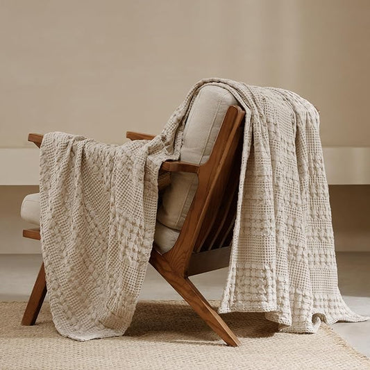 PHF 100% Cotton Waffle Weave Throw Blanket, Soft Lightweight Breathable Cozy Throws for Couch Bed Sofa, 300 GSM Luxury Aesthetic Blanket Gift for Home Decor & Office, 50"x60", Oatmeal