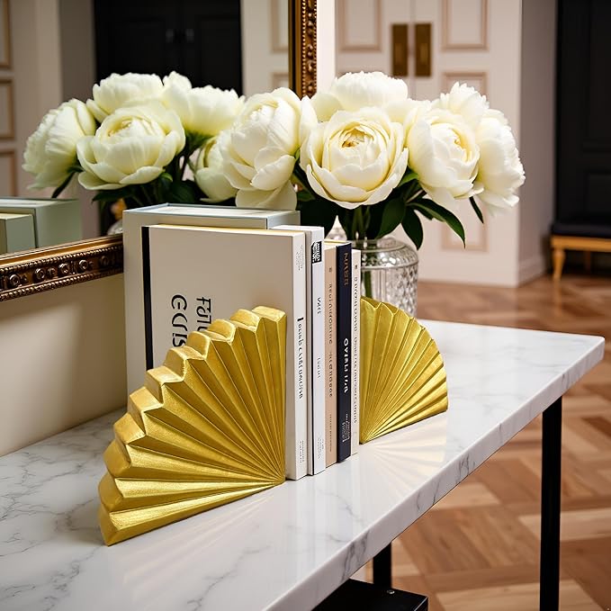 Golden Fan Shape Bookends Set of 2 – Elegant Resin Decorative Book Stoppers, Heavy Duty Modern Book Ends for Home Office Bookshelf Decor