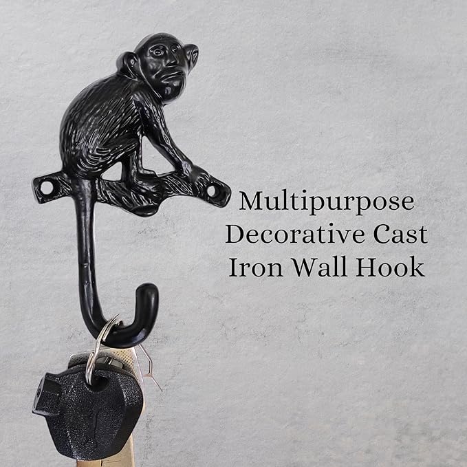 Set of 3 Cast Iron Monkey Shape Coat Hooks Wall Art Decor-Monkey Shape Hangers and Key Holder-Clothes Rack and Backpack Hanger-Coat Hooks Home Decor for Storage, Living Room, Hallway, Office