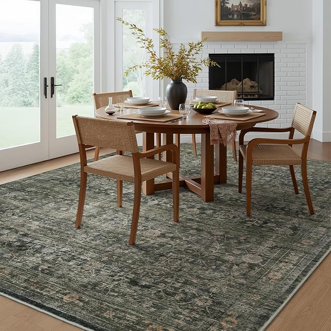 MontVoo-Vintage Area Rug 6X9 Green Rugs for Living Room-Soft Distressed Printed Rugs for Bedroom-Non Slip Carpet-Machine Washable Rug for Dining Room Living Room Bedside Office