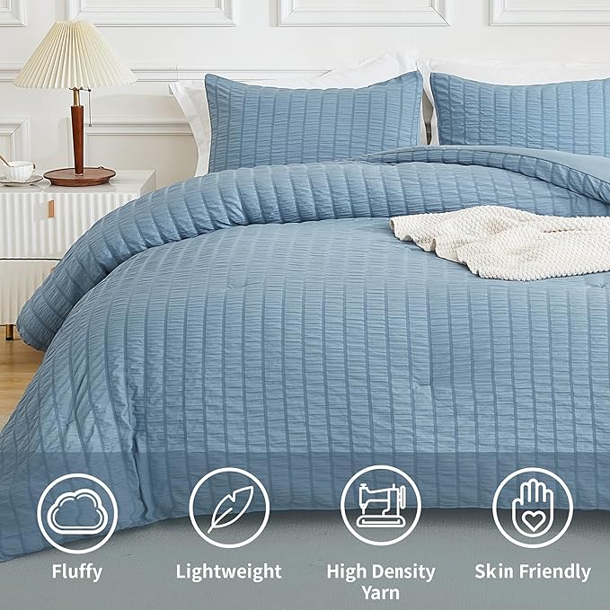 AveLom Seersucker Comforter Set Twin, Grayish Blue, 68x90, 1 Comforter and 1 Pillowcase