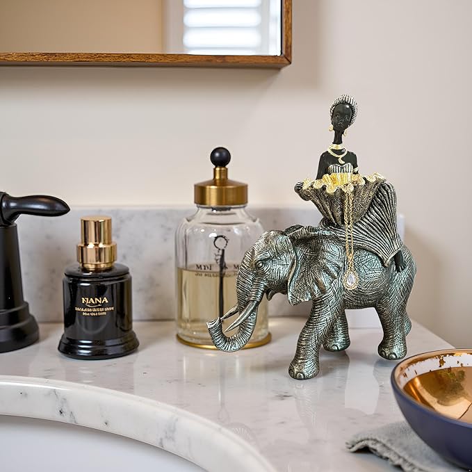 African Woman Riding Elephant Statue with Decorative Bowl, African Figurine Sculpture, Black and Gold Elephant Decor, Jewelry Tray Trinket Dish, Cultural Home Decor Gift