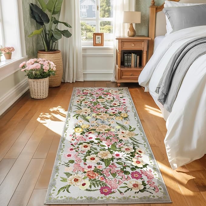 AREAMAY Floral Runner Rug 2x6 - Washable Vintage Kitchen Rug Low Pile Non-Slip Carpet for Entryway Hallway, Laundry, Bedroom - Soft, Stain Resistant Indoor Area Rug - Grey