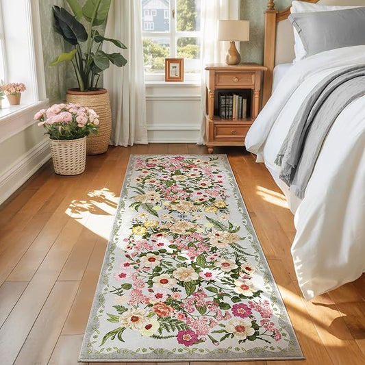 AREAMAY Floral Runner Rug 2x6 - Washable Vintage Kitchen Rug Low Pile Non-Slip Carpet for Entryway Hallway, Laundry, Bedroom - Soft, Stain Resistant Indoor Area Rug - Grey