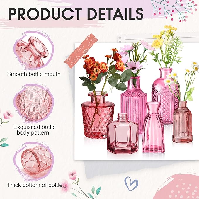 Yaomiao 30 Pcs Vases Bulk Colored Flower Glass Bud Vases Valentine Vintage Colored Glass Bottles Colorful Rustic Embossed for Home Wedding Table Decorations Gifts(Pink Series)