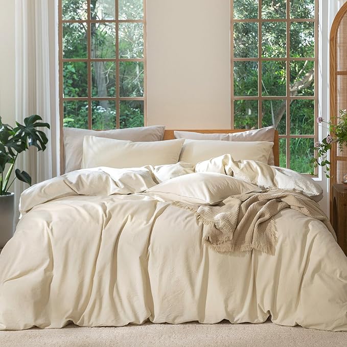 MooMee Bedding Duvet Cover Set 100% Washed Cotton Linen Like Textured Breathable Durable Soft Comfy (Heathered Almond Milk Grey, Oversized Full 82"x86")