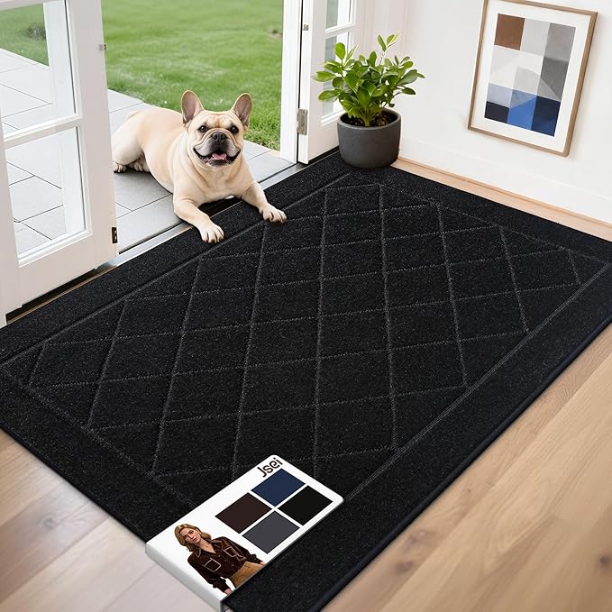 JSEI Dirt Trapper Door Mat 32"x48", Non-Slip Washable Entryway Mats, Dog Door Mat, Stain Resistant and Absorbent Floor Mats, Low Profile Welcome Mat for Front Back Door, Black