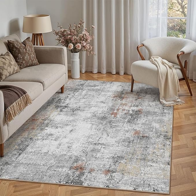 WondRg 5x7 Washable Area Rug Grey Rust Abstract Living Room Bedroom Carpet Neutral Modern Non-Slip Soft Low Pile Lightweight Vacuumable Throw Rug for Dining Room Entryway