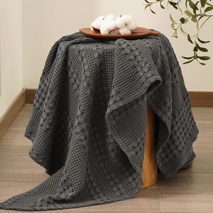 PHF 100% Cotton Waffle Weave Throw Blanket, Soft Lightweight Breathable Cozy Throws for Couch Bed Sofa, 300 GSM Luxury Aesthetic Blanket Gift for Home Decor & Office, 50"x60", Charcoal Grey