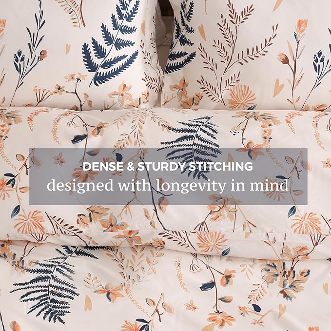 JSD Fall Floral Duvet Cover Set Queen Size, 3 Piece Boho Ferns Printed Microfiber Comforter Covers Zipper Closure