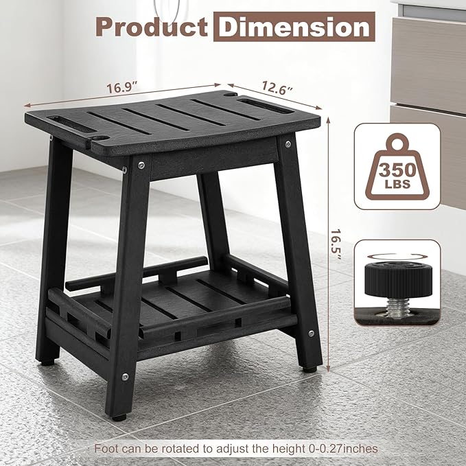 HDPE Shower Bench Seat for Shaving Legs, Waterproof Shower Stool with Storage Shelf for Bathroom, Black