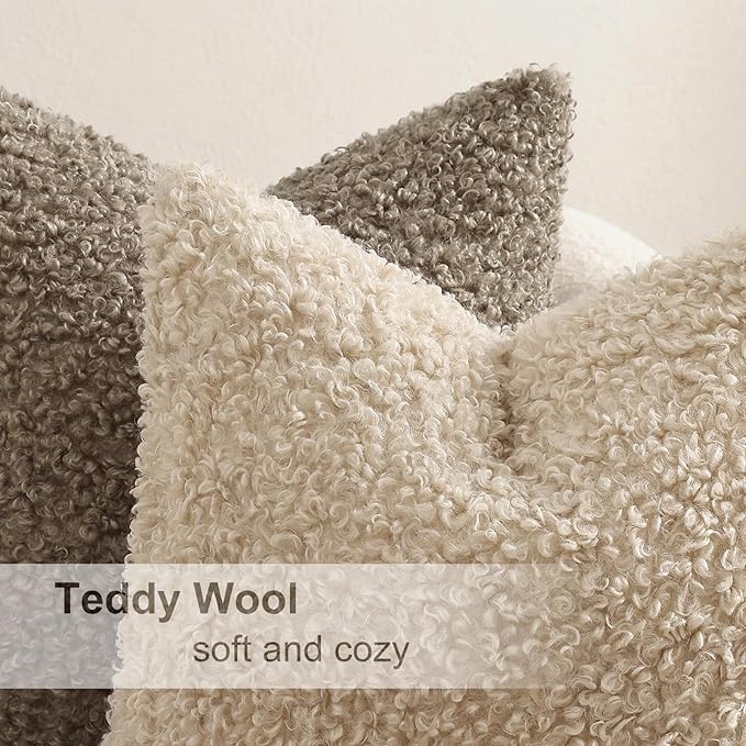 decorUhome Pack of 2 Throw Pillow Covers 24x24 Inch, Faux Fur Decorative Sherpa Pillow Covers Fuzzy Accent Soft Sheepskin Fleece Pillow Cases for Couch Living Room Bed, Neutral Oatmeal