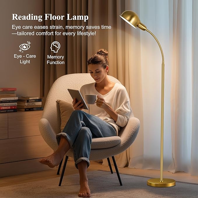 LANICHO Floor Lamp for Living Room, 63" Standing Lamp with Adjustable Gooseneck, 3 Color Temperatures, Industrial Gold Floor Lamp Reading for Bedroom, Office, 9W LED Bulb