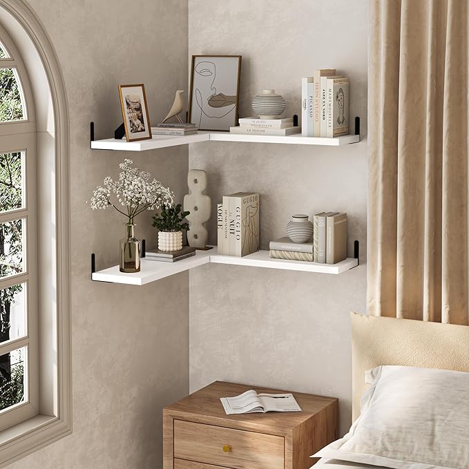 Marsmiles Extra Wide Floating Shelves for Wall, 40x8 Inch Natural Wood Grain Bookshelves, Heavy Duty Mounted Shelving for Bathroom, Kitchen, Living Room, Bedroom,Set of 2，White