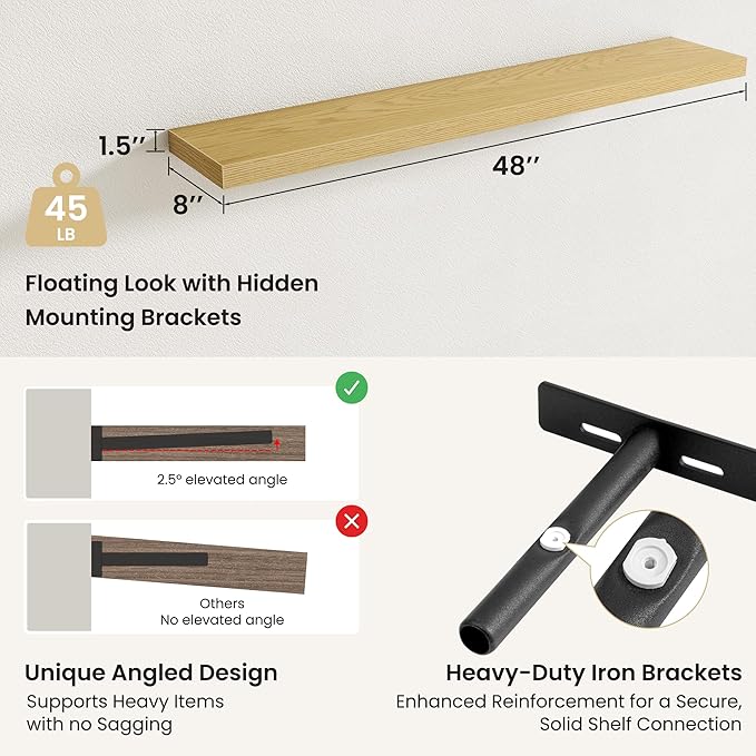 Fun Memories Rustic Wood Floating Shelves for Wall, Space-Saving Wall Mounted Shelves for Bathroom, Bedroom, Living Room and Kitchen, Stylish Storage & Display (Set of 2, Oak, 48 in)