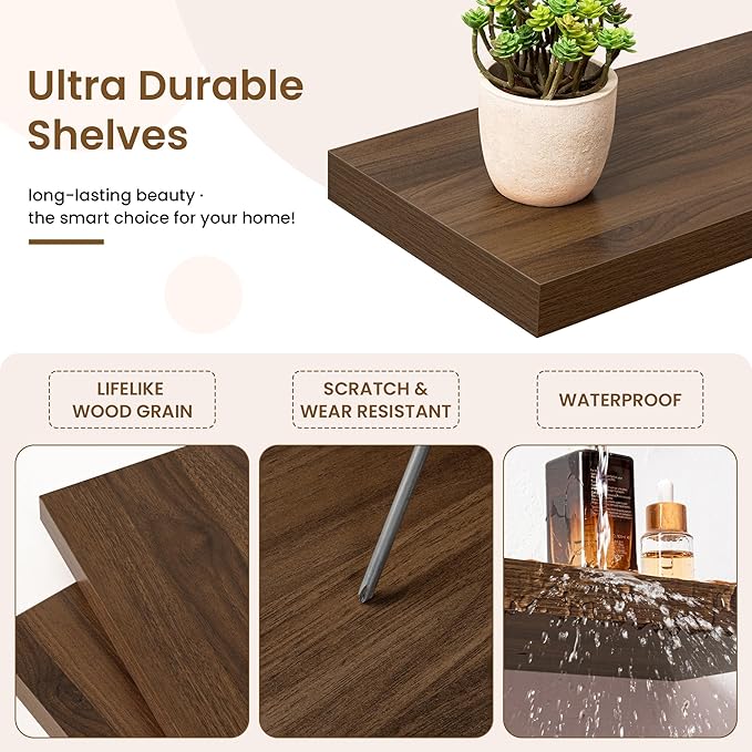 30in Floating Shelves for Wall, 30"W x 9.25"D x 1.25"H, 2 Pack Long Wall Mounted Engineered Wood Shelves with Invisible Brackets for Living Room, Bedroom, Bathroom, Kitchen Decor and Storage, Walnut