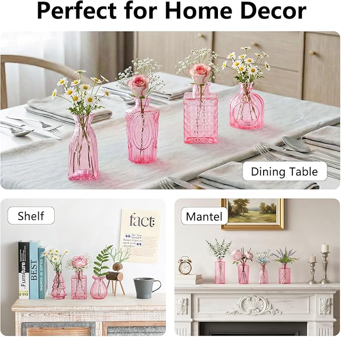 RUCKAE 12 Pack Glass Bud Vases Mini Flower Vase Small Vintage Vases for Centerpiece Table Wedding Decorations Home Decor Party (Pink)
