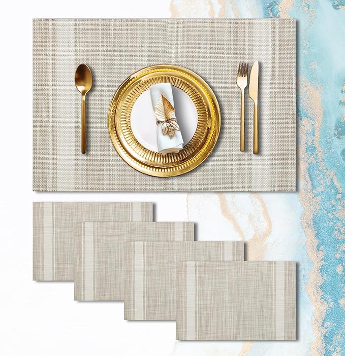 Placemats Set of 4 Vinyl Washable Linen ColorPlacemats, 18"x12" Wipeable Heat-Resistant Non-Slip Easy Clean Table Mats Ideal for Dining Table Table Runner and Outdoor(4, Linen Wide Stripe)