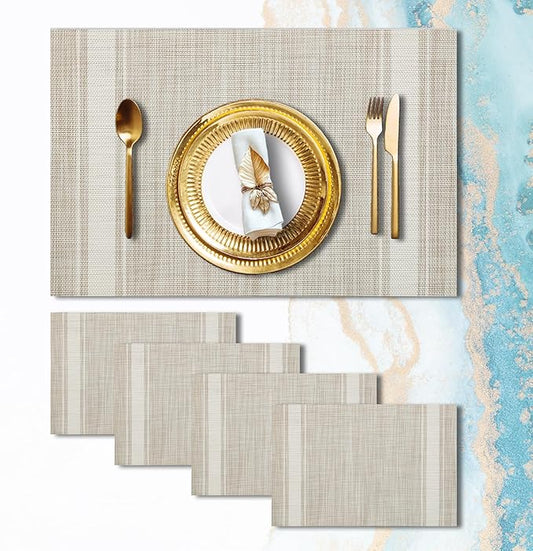 Placemats Set of 4 Vinyl Washable Linen ColorPlacemats, 18"x12" Wipeable Heat-Resistant Non-Slip Easy Clean Table Mats Ideal for Dining Table Table Runner and Outdoor(4, Linen Wide Stripe)