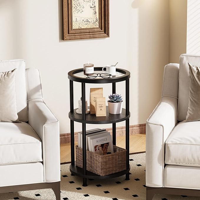 Homeiju Round Side Table with Glass Top, 3-Tier Glass End Table with Adjustable Feet, Bedside Table for Small Space for Living Room, Balcony, Bedroom, Black