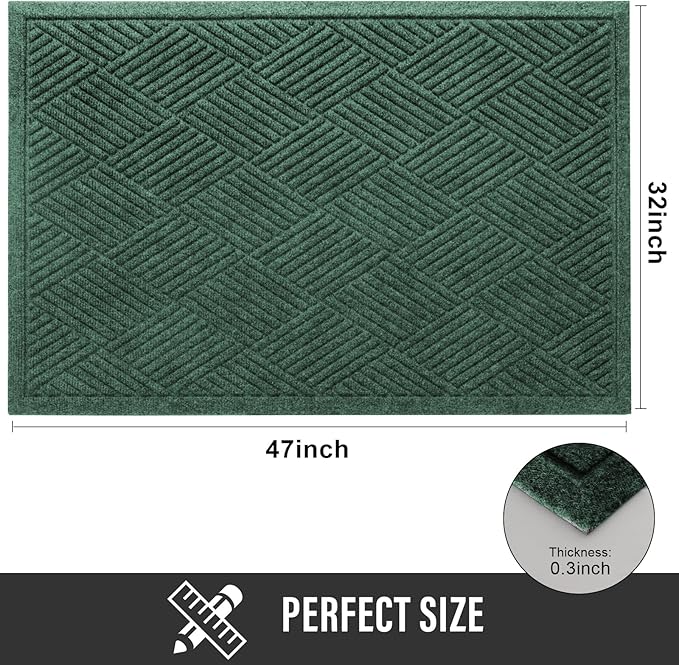 HIYARD Sturdy Front Door Mat, Absorbent Muddy Dirt Resist Welcome Door Mats Outdoor Indoor, Stain and Fade Resistant, Non-Slip Rubber Backing Low Profile Doormat for Entryway, 47×32, Green