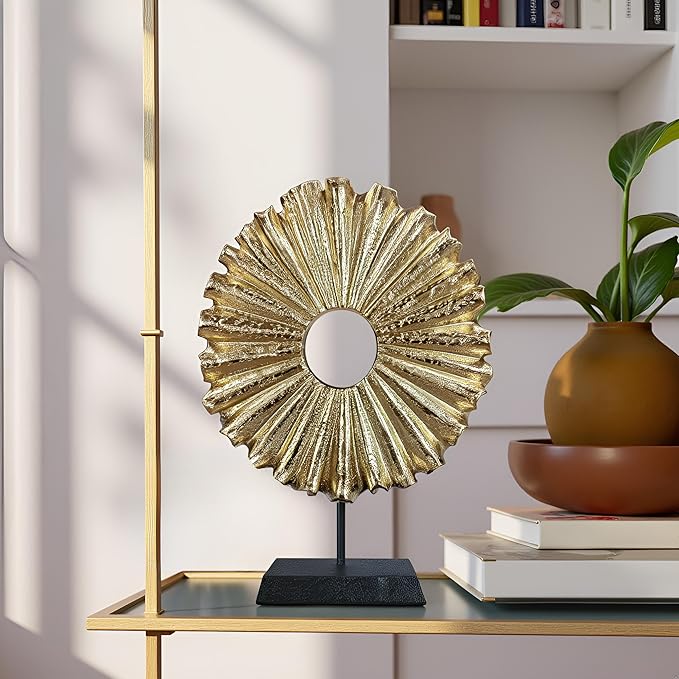 Modern Abstract Round Decorative Sculpture, Dining Living Room Desk Decor,Geometric Home Decor Statues,Shelf Top Decor Aesthetics, Coffee Tables or Office Shelves（Golden）
