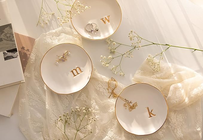 COLLECTIVE HOME - Ceramic Jewelry Tray, Decorative Trinket Dish for Rings Earrings Necklaces Bracelet Watch Keys, Birthday Mother's Day Christmas Gift for Women, 4.75", White Surface (O)