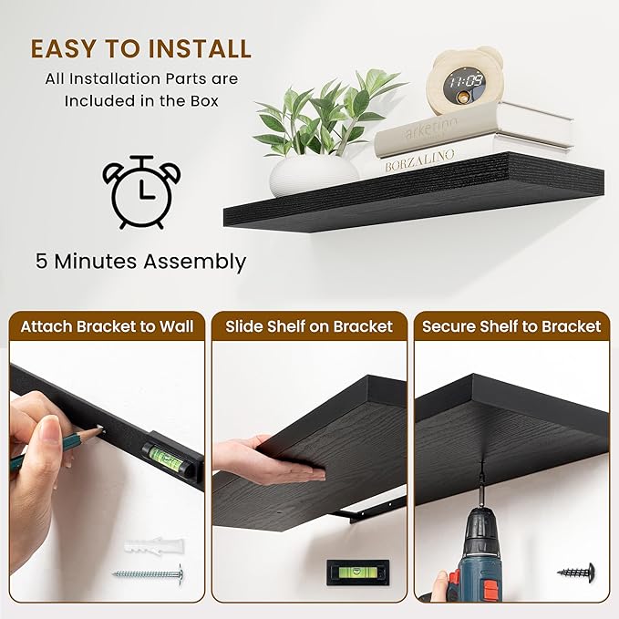 Fun Memories 48 Inch Black Floating Shelves, 9.3 Inch Deep Wall Shelves for Living Room|Bedroom|Kitchen, Rusitc Wall Mounted Bathroom Shelves 2 Pack, Heavy-Duty Deep Shelf for Books，Decor