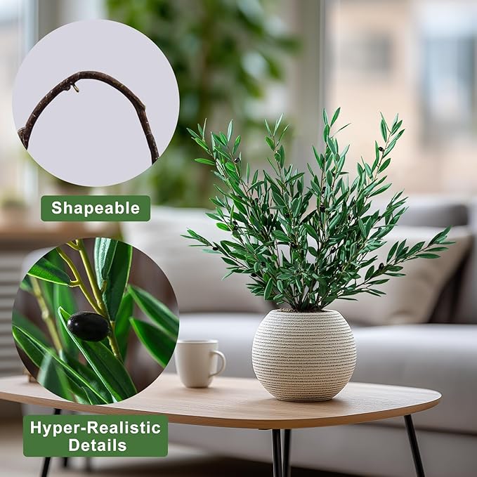 8PCS Premium Artificial Olive Branches for Vases - Realistic PU & Silk Faux Greenery Stems, 3 Sizes, Bendable Wire Stems, Low Maintenance Home/Office/Holiday Decor(No Vase