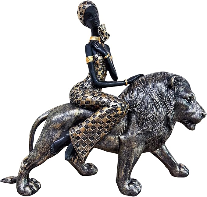 African Woman on Bronze Lion Statue – Resin Figurine, Tribal Cultural Sculpture, African Home Decor Collectible
