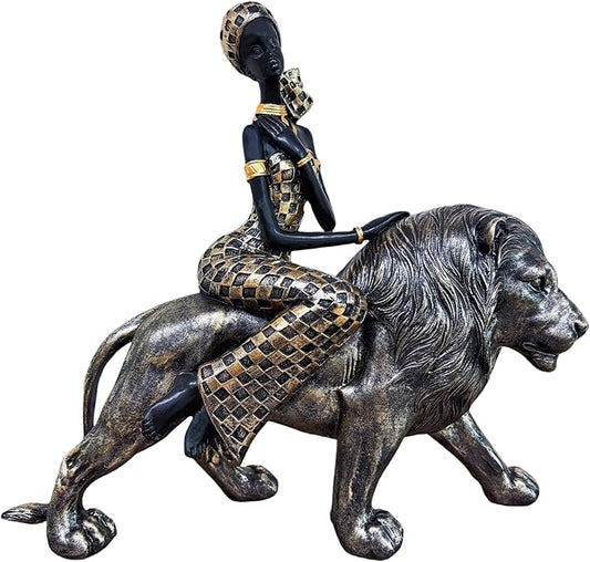 African Woman on Bronze Lion Statue – Resin Figurine, Tribal Cultural Sculpture, African Home Decor Collectible